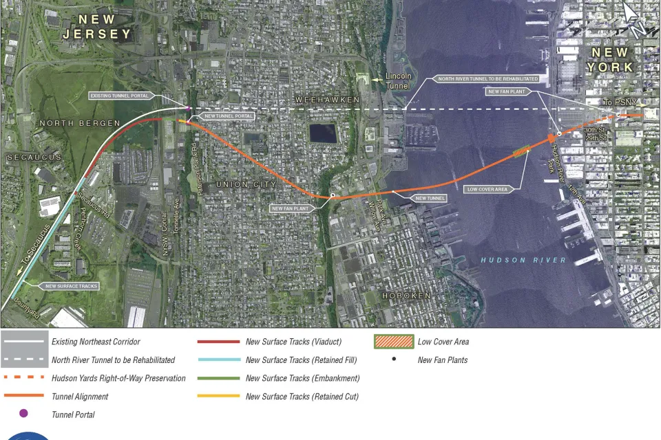 Map of proposed alignment of new Hudson Tunnel between New Jersey and New York City